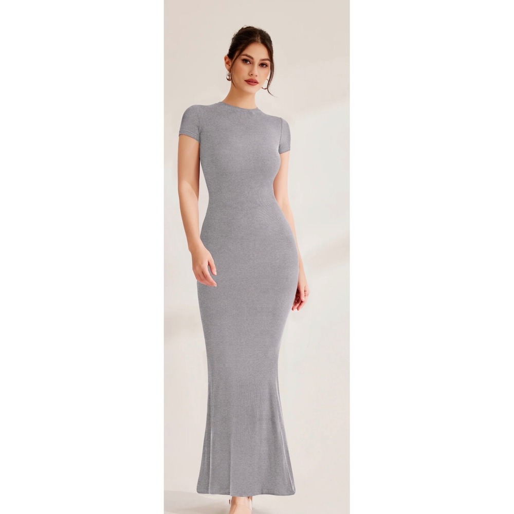 REORIA Womens Grey Ribbed Knit Maxi Dress Short Sleeve Bodycon Crew Neck NWT M